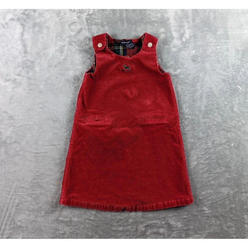 VTG Ralph Lauren Dress Girl 6 Red Corduroy Scottie Dog Shift Embroidery READ